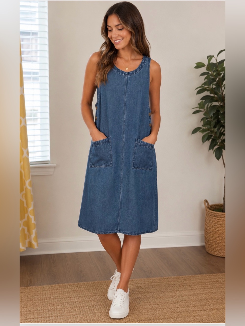 Nordstrom Petite XS Chambray Denim Shift Dress Pockets Blue